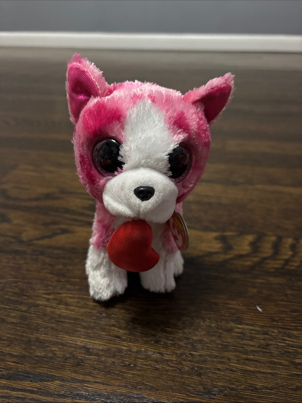 Ty Pink & White Beanie Boo Puppy Plush with Red Heart